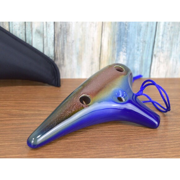 STL Ocarina 12 Hole Alto C Ceramic Flute Blue Brown Earth Glaze w/ Case & Strap - Picture 3 of 12